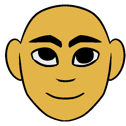 An orange face with a left eye looking up, and a right eye looking forward.